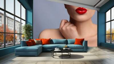 Closeup view of beautiful woman puckering lips for kiss on grey background Wall mural