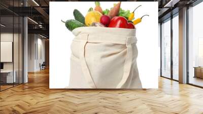 Cloth bag with vegetables on white background Wall mural