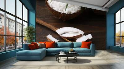 Coconut pieces, spoon and nut on wooden table, closeup Wall mural