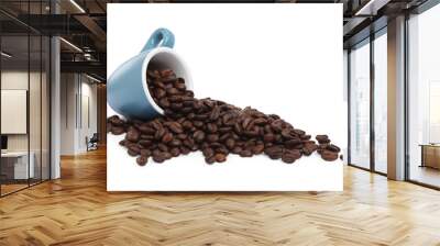 Coffee beans and overturned light blue cup isolated on white Wall mural