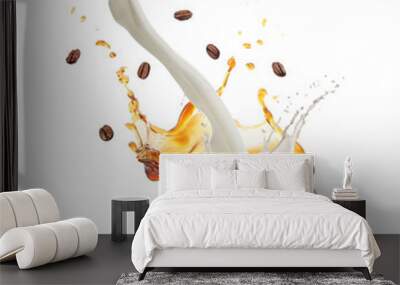 Coffee with milk splashing in cup and falling roasted beans on white background Wall mural