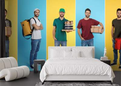 Collage of courier with orders on color background. Food delivery Wall mural