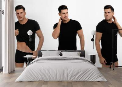 Collage of man in underwear and t-shirt on white background Wall mural