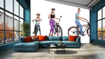 Collage of people with bicycles on white background Wall mural