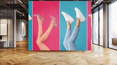 Collage of women wearing different stylish shoes on color backgrounds, closeup Wall mural