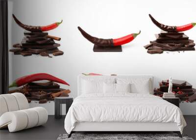 Collage with delicious chocolate, red peppercorns and chili peppers on white background Wall mural