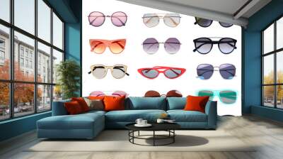 Collage with different stylish sunglasses on white background Wall mural