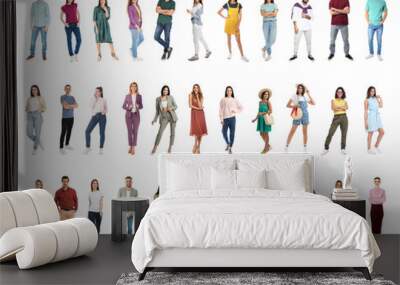 Collage with full length portraits of men and women on white background Wall mural