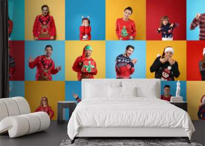 Collage with photos of adults and children in different Christmas sweaters on color backgrounds. Banner design Wall mural