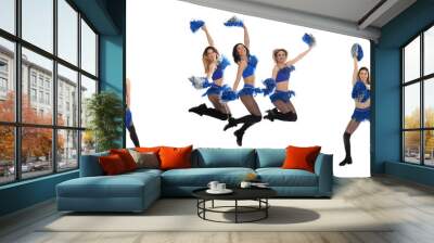 Collage with photos of beautiful happy cheerleaders with pom poms in uniform on white background Wall mural