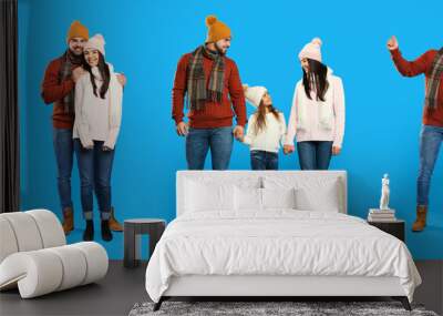 Collage with photos of couple wearing warm clothes on blue background, banner design. Winter vacation Wall mural