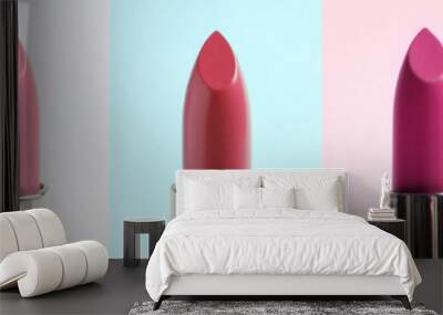 Collage with photos of different lipsticks on color backgrounds, banner design Wall mural