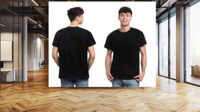 Collage with photos of man in black t-shirt on white background, back and front views. Mockup for design Wall mural