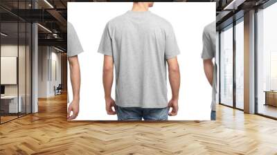 Collage with photos of man in grey t-shirt on white background, closeup. Back and front views for mockup design Wall mural