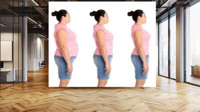 Collage with photos of overweight woman before and after weight loss on white background. Banner design Wall mural