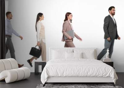 Collage with photos of people wearing stylish outfit walking on white background. Banner design Wall mural