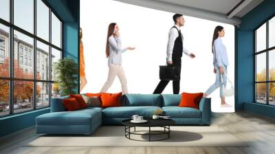 Collage with photos of people wearing stylish outfit walking on white background. Banner design Wall mural