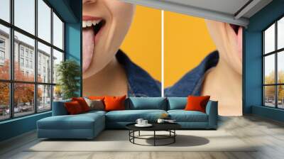 Collage with photos of woman before and after tongue cleaning on yellow background, closeup Wall mural