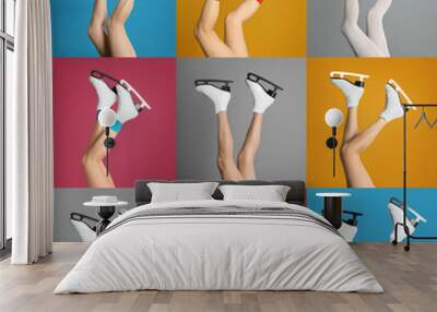 Collage with photos of women in ice skates on different color backgrounds, closeup view of legs Wall mural