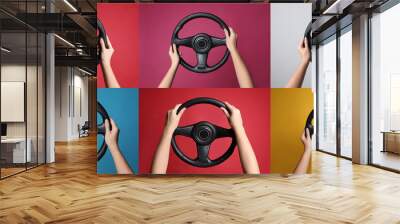 Collage with photos of women with steering wheels on different color backgrounds, closeup. Banner design Wall mural