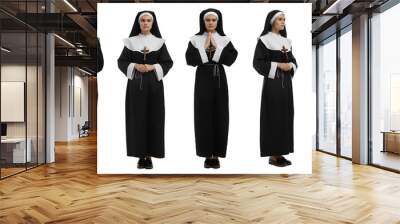 Collage with photos of young nun on white background Wall mural