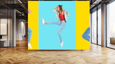 Collage with photos of young people in fashion clothes jumping on different color backgrounds. Banner design Wall mural