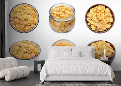 Collage with tasty corn flakes on white background, top and side views Wall mural