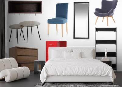 Collection of different stylish furniture on white background Wall mural