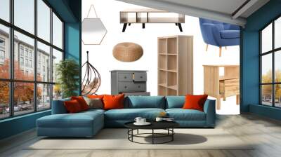 Collection of different stylish furniture on white background Wall mural