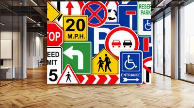 Collection of different traffic signs as background Wall mural