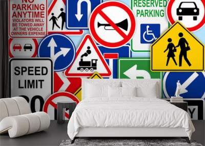 Collection of different traffic signs on turquoise background Wall mural