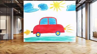 Colorful children painting of red car on white background Wall mural