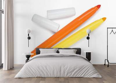 Colorful markers and caps on white background, top view Wall mural