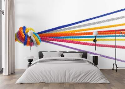 Colorful ropes tied together on white background. Unity concept Wall mural