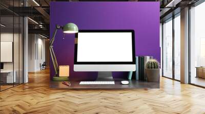 Comfortable workplace with modern computer and cactus on table near purple wall. Space for design Wall mural