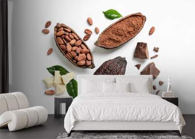 Composition with cocoa products on white background, top view Wall mural