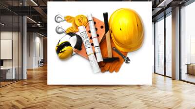 Composition with different construction tools on white background, top view Wall mural