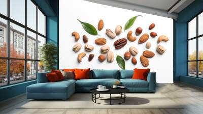 Composition with organic mixed nuts on white background, top view Wall mural