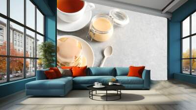 Composition with pancakes and condensed milk on grey background, space for text. Banner design Wall mural