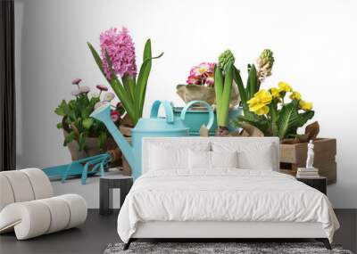 Composition with plants and gardening tools on white background Wall mural