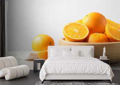 Composition with ripe oranges on table against light background. Space for text Wall mural