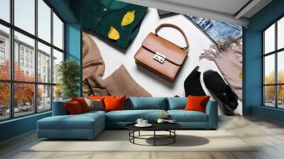 Composition with stylish clothes and accessories on white background, above view Wall mural