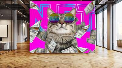 Cool cat under money shower on bright pink background. Abbreviation NFT reflecting in sunglasses Wall mural