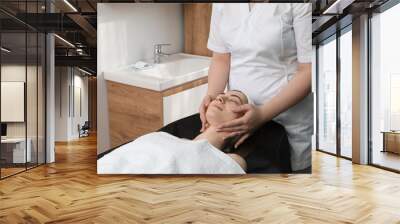 Cosmetologist making face massage to client in clinic, closeup Wall mural