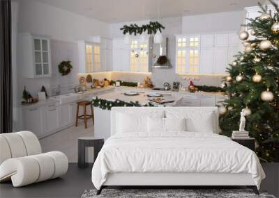 Cozy spacious kitchen decorated for Christmas. Interior design Wall mural