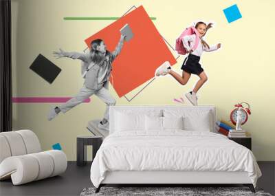 Creative collage with girls running on books against color background. Back to school Wall mural