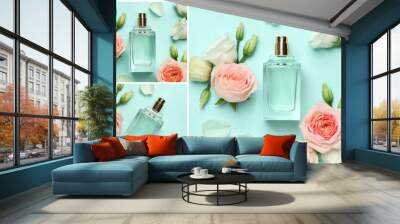 Creative collage with photos of luxury perfume and beautiful flowers on color backgrounds Wall mural