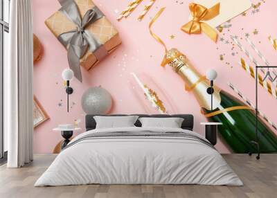 Creative flat lay composition with bottle of champagne and party accessories on color background Wall mural