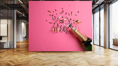 Creative flat lay composition with bottle of champagne and space for text on color background Wall mural