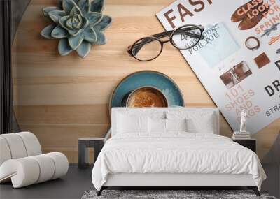 Creative flat lay composition with delicious hot coffee on table Wall mural